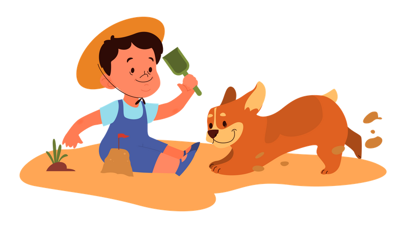 Boy playing with pet dog at the beach Illustration