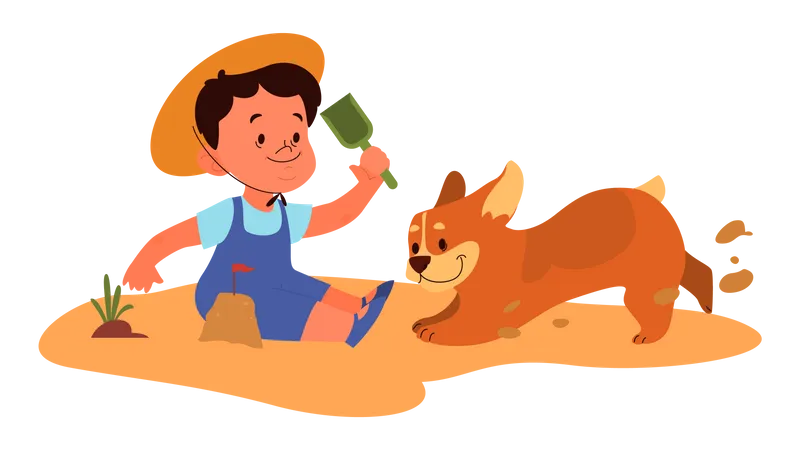 Boy playing with pet dog at the beach  Illustration