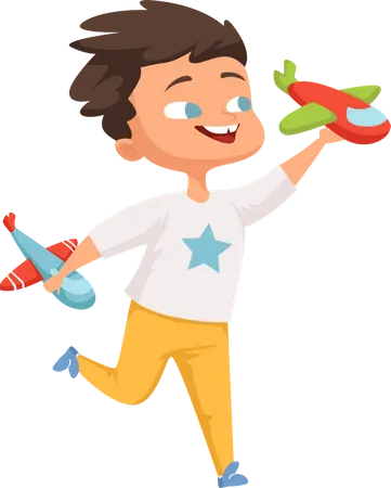 Boy playing with plane toys Illustration