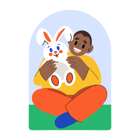 ぬいぐるみのウサギと遊ぶ男の子  イラスト