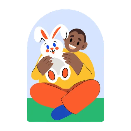 ぬいぐるみのウサギと遊ぶ男の子  イラスト