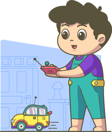 Boy playing with remote control car Illustration