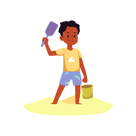 Boy playing with sand and bucket at beach  Illustration