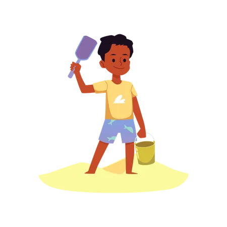 Cute Little Boy Standing On Hill Of Sand With Toy Shovel And Bucket Summer Image Of Child Playing With Sand Illustration