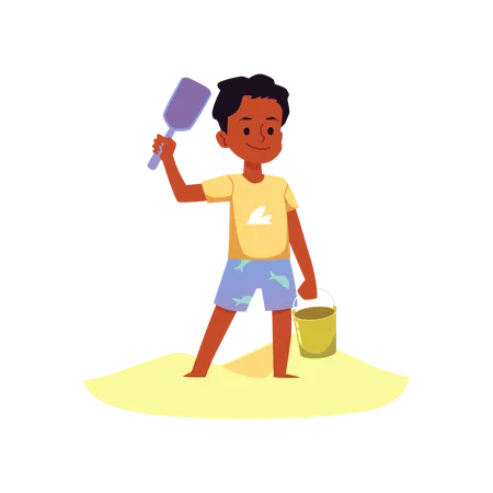 Boy playing with sand and bucket at beach  Illustration