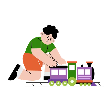 Boy playing with toy train  Illustration