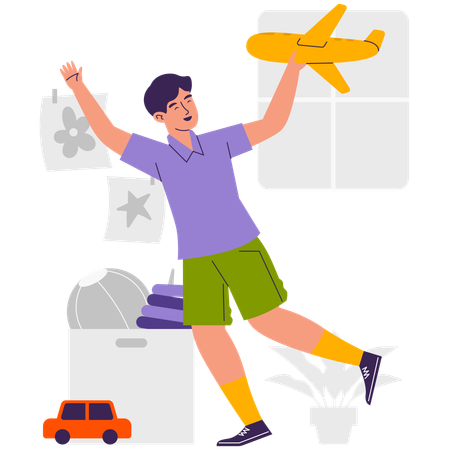 Boy Playing with Toys Plane  Illustration