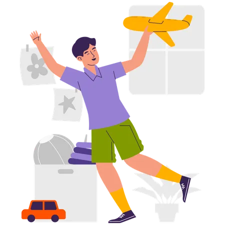 Boy Playing with Toys Plane  Illustration