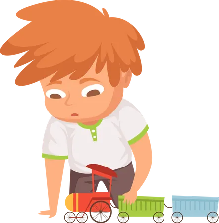 Boy playing with train toys Illustration