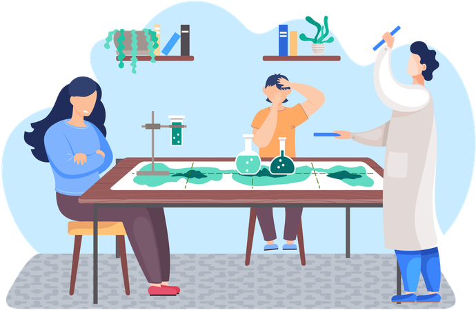 Boy plays board game about chemistry  Illustration