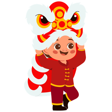 Boy plays lion dance on lunar new year  Illustration