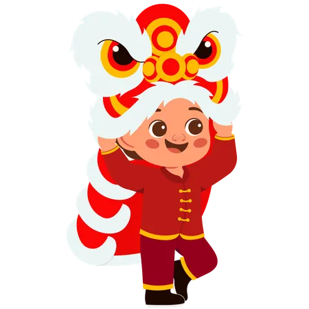 Boy plays lion dance on lunar new year  Illustration