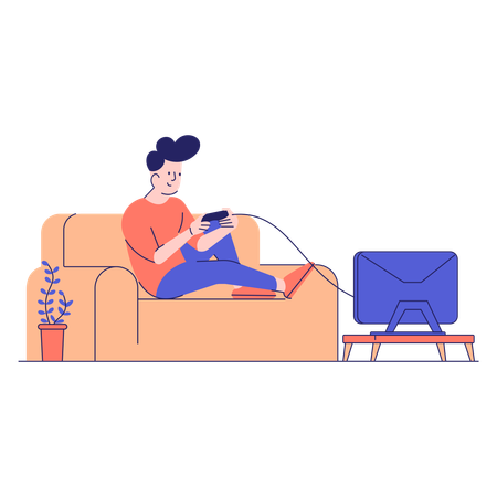 Boy plays online game at home  Illustration