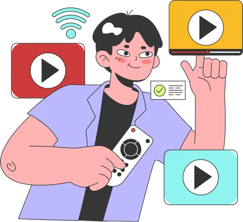 Boy plays online video button  Illustration