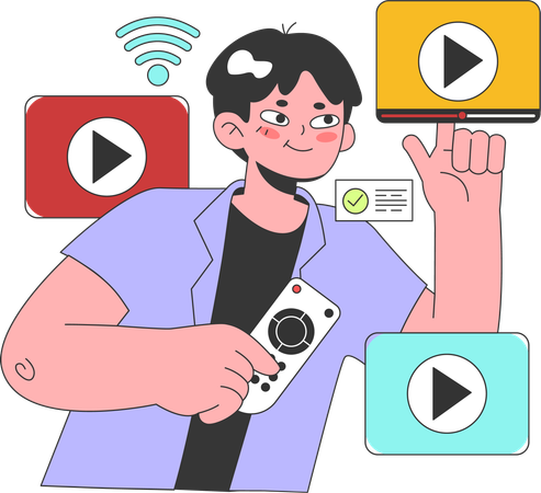 Boy plays online video button  イラスト