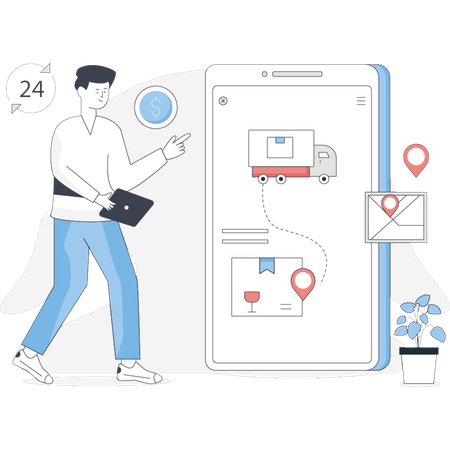 Boy  pointing 24 hours delivery services  Illustration