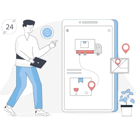 Boy  pointing 24 hours delivery services  Illustration