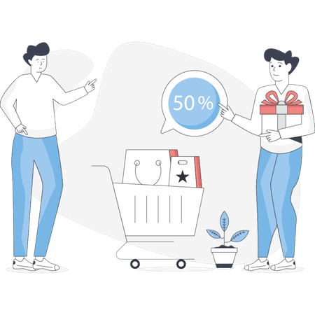 Boy  pointing 50% discount shopping  Illustration