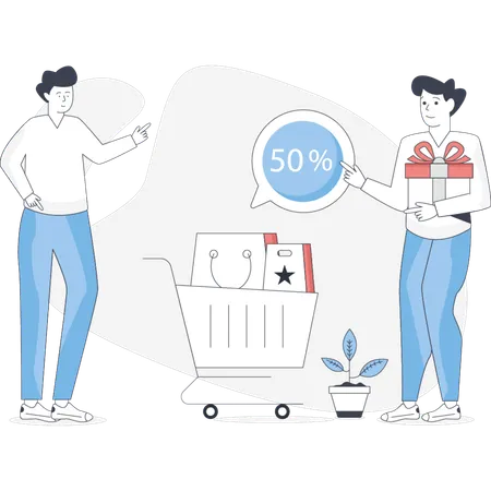 Boy  pointing 50% discount shopping  Illustration