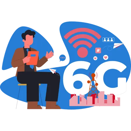 6G無線ルーターを指差す少年  イラスト