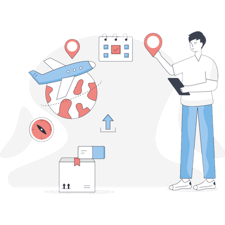 航空貨物配送サービスを指差す少年  イラスト