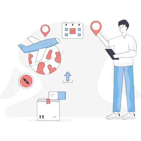 航空貨物配送サービスを指差す少年  イラスト