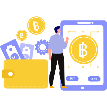 Boy pointing at bitcoin on mobile phone  Illustration