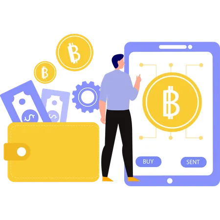 Boy pointing at bitcoin on mobile phone  Illustration