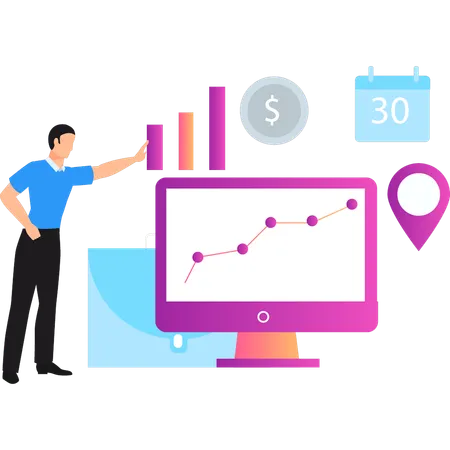 Boy pointing at business analytics  Illustration