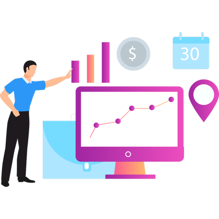 Boy pointing at business analytics  Illustration