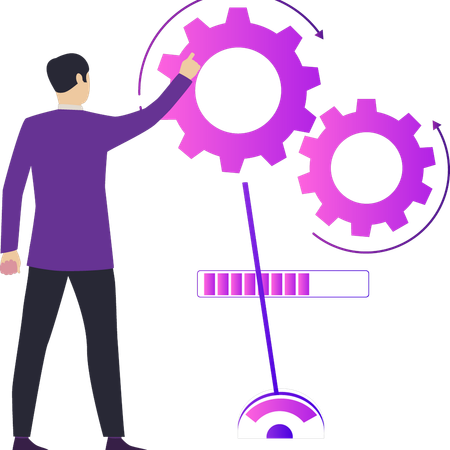 Boy pointing at cogwheel settings  Illustration