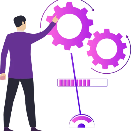 Boy pointing at cogwheel settings  Illustration