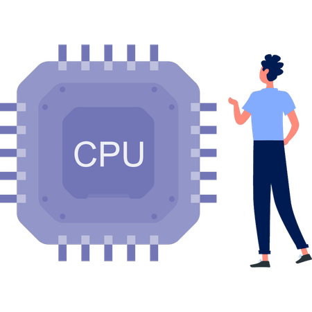 コンピュータ処理装置のチップを指差す少年  イラスト