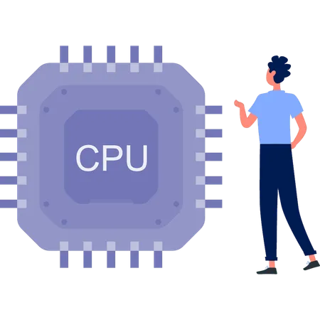 Boy pointing at computer processing unit chip  Illustration