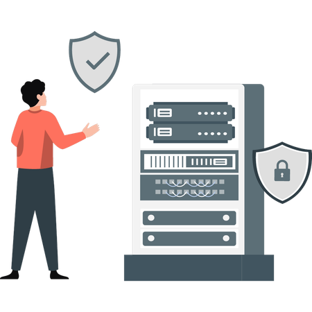 Boy pointing at data sever security  Illustration