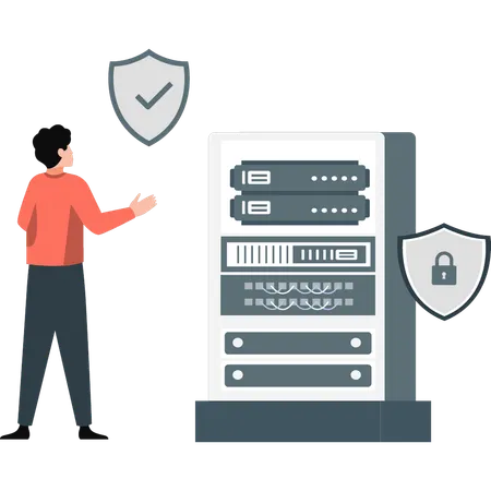 Boy pointing at data sever security  Illustration