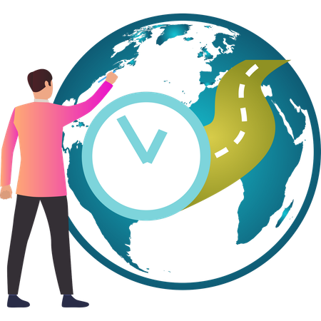 Boy pointing at different time zone globally  Illustration