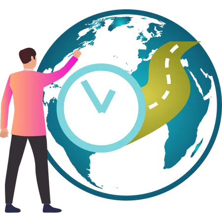 Boy pointing at different time zone globally  Illustration