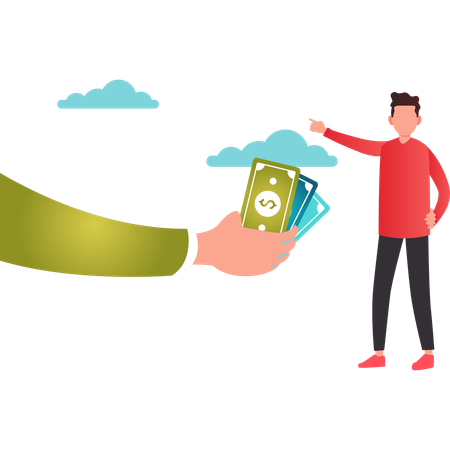 Boy pointing at dollar receiver  Illustration