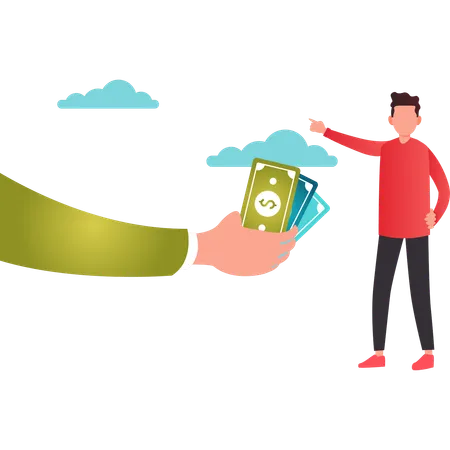 Boy pointing at dollar receiver  Illustration