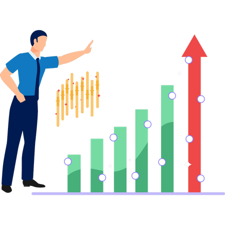 Boy pointing at finance bar graph  Illustration