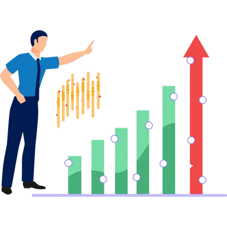 Boy pointing at finance bar graph  Illustration