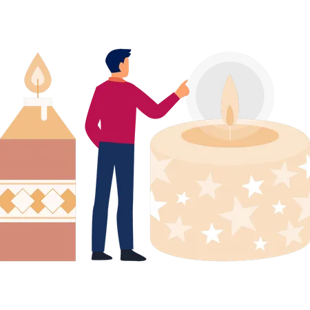 Boy pointing at flickering candles  Illustration