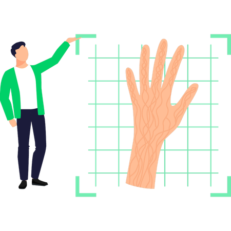 Boy pointing at handprint biometric  Illustration