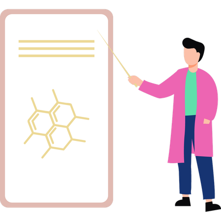 Boy pointing at hexagon molecules on mobile  Illustration