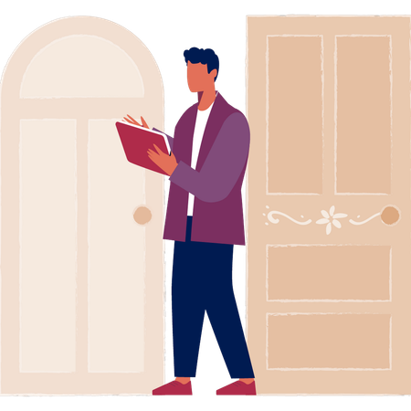 Boy pointing at home door  Illustration