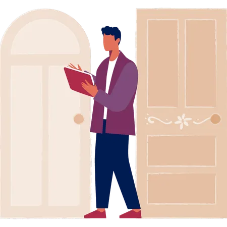 Boy pointing at home door  Illustration