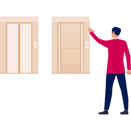 Boy pointing at lift doorway  Illustration