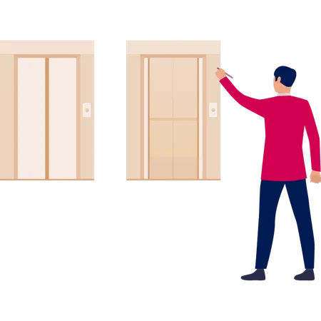 Boy pointing at lift doorway  Illustration