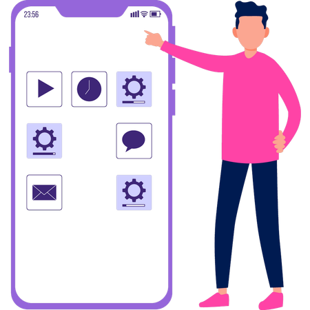 Boy pointing at mobile setting  Illustration